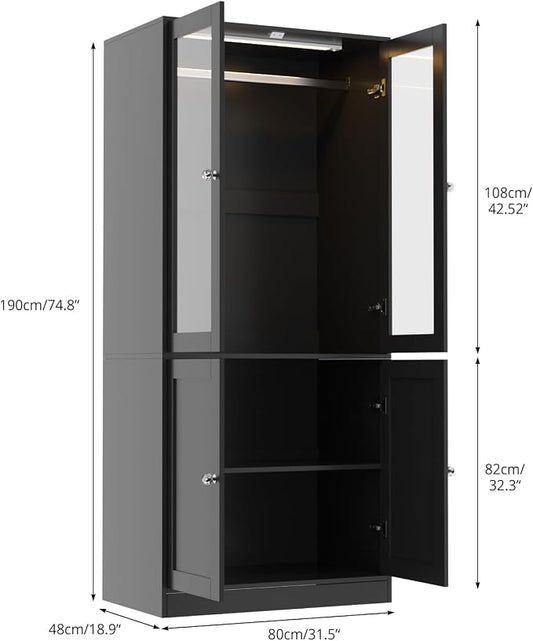 VOWNER 75" Tall Armoire Wardrobe Closet with Drawers & Lights, Clothing Storage Cabinet with 2 Glass Doors & Hanging Rod, Wooden Armoire Storage Cabinet for Bedroom (Black, 75''H)