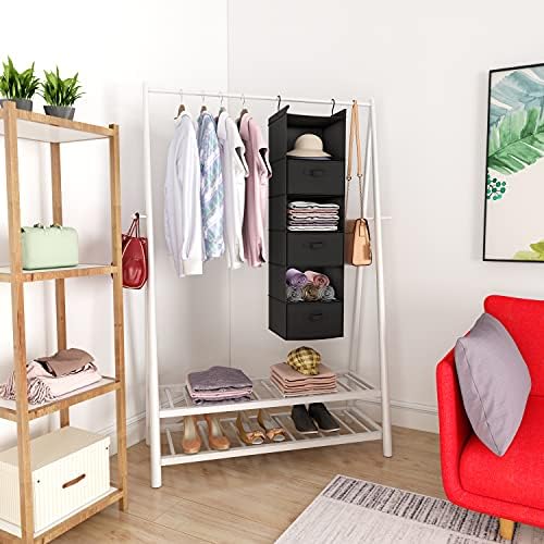 6 Tier Foldable Hanging Closet Organizer with Hooks, Black-D3