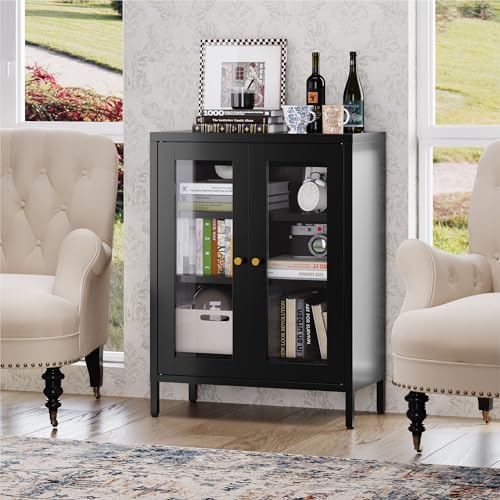 COFaR 31.5"H Metal Storage Cabinet, Display Cabinet with Glass Doors, Black
