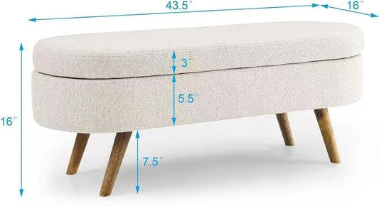 43.5" Oval Storage Bench, End of Bed Storage Benches, Linen Fabric Upholstered Ottoman Bench with Safety Hinge for Living Room Entryway Bedroom Hallway (Beige, 43.5 inch)