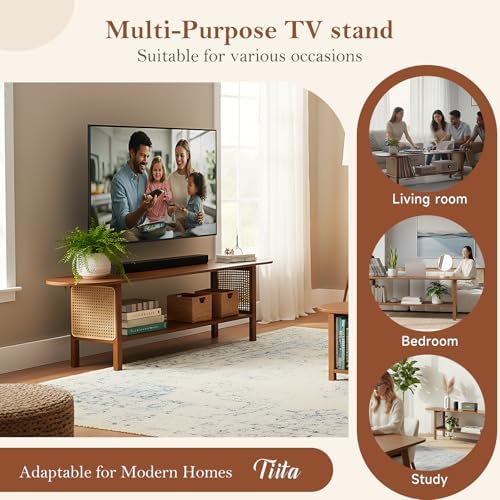 Tiita Walnut TV Stand for 65-Inch TVs, 2 Open Shelves, Rattan Media Console