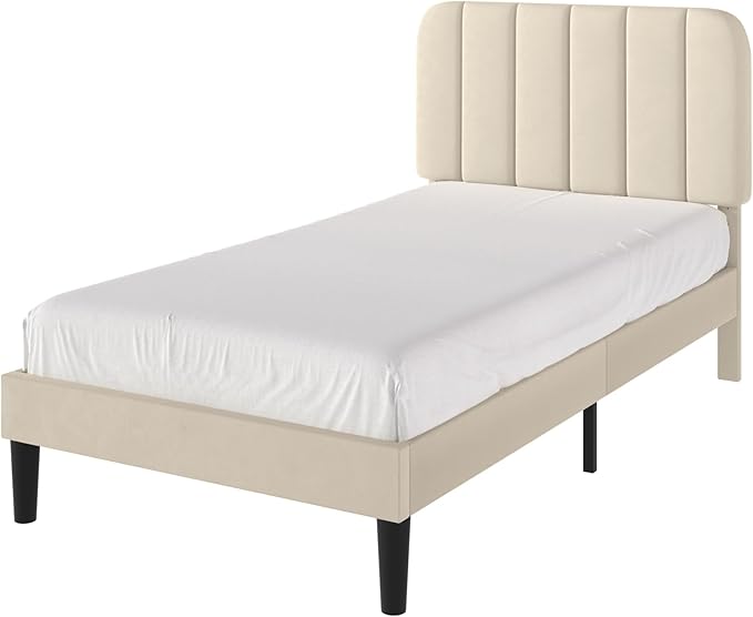 VECELO Twin Size Bed Frame with Upholstered Headboard, Velvet Platform Bedframe Mattress Foundation, Strong Wood Slat Support, No Box Spring Needed,Bone Beige