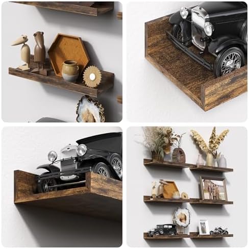upsimples 12 Pack Wooden Floating Shelves, Wall Storage Decor Shelf for Bathroom, Bedroom, Living Room, Kitchen, Office and Laundry Room, Wall Mounted Display Hanging Shelf, Brown