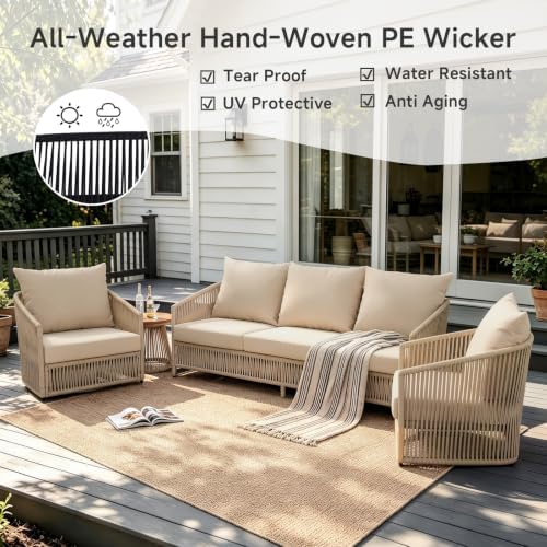 Pia Ricco 3-Seat Patio Wood Sofa, PE Wicker Rope Outdoor Couch with Soft Cushions, All-Weather Outdoor Furniture for Balcony Backyard Porch, Khaki