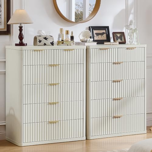 LEYAOYAO Fluted 6 Drawers Dresser for Bedroom, 42" Tall Modern Chest of Drawers with Metal Handle, Curved Profile Design,White Wood Drawer Organizer for Bedroom, Living Room, Hallway, Entryway