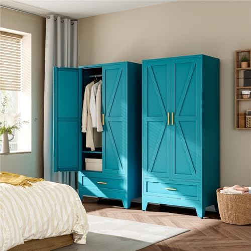 71" Metal Armoire Wardrobe Closet with Hanging Rod, Blue-X 1 Drawer