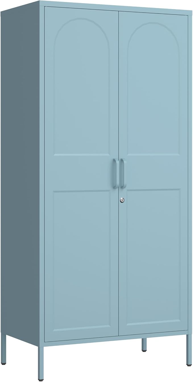 Lockable Vintage Blue Tall Metal Wardrobe, Freestanding Cold Rolled Steel Storage Cabinet with Arched Embossed Doors & Raised Feet for Home Office Size:67" H x 31.5" W x 18.1" D