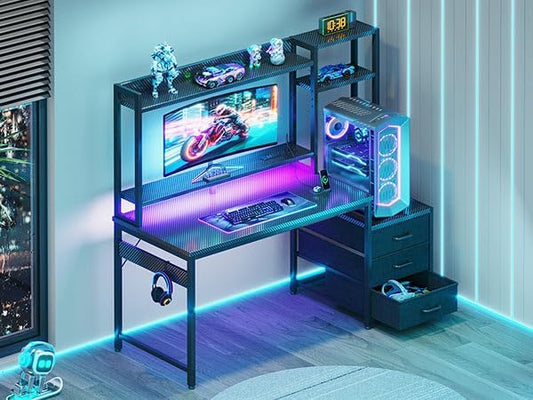 Casaottima 48 Inch Gaming Desk with Hutch & 3 Fabric Drawers, Computer Desk with USB Ports & LED Lights, Reversible Pc Gamer Table with Monitor Stand for Home Office, Carbon Fiber Black