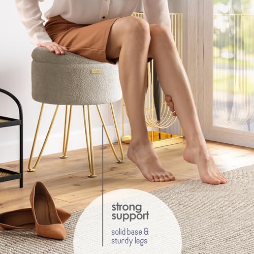 Round Ottoman with Storage, Boucle Storage Ottoman, Foot Stool Ottomans, Makeup Vanity Stool, Small Ottomans Foot Rest, Modern Vanity Stools for Living Room and Bedroom, Beige