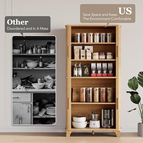 Decofy 69" Tall Kitchen Pantry Storage Cabinet with Sliding Door, Modern Curved Edge Pantry Storage Cabinet with 5 Shelves, Cupboard for the Kitchen, Dining Room, Bedroom, Living Room, Office (Oak)