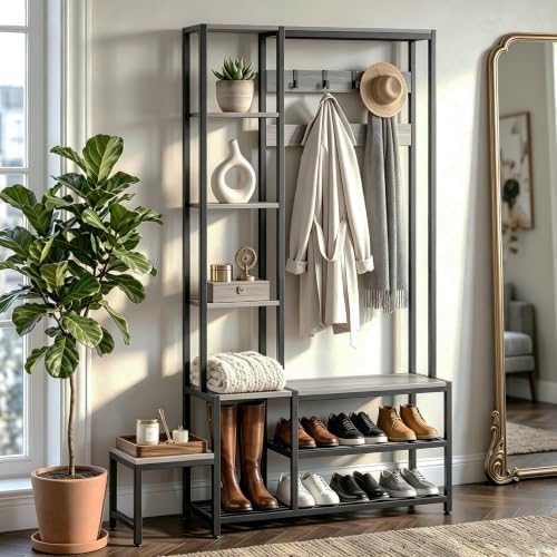 Hall Tree with Shoe Storage Bench, Coat Rack with 7 Hooks & Shelves