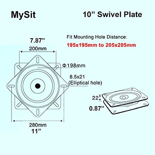 MySit 10" (245mm) Square Heavy Duty Swivel Replacement for Recliner Chair or Furniture - Ball Bearing Swivel Plate Mechanism - Flat