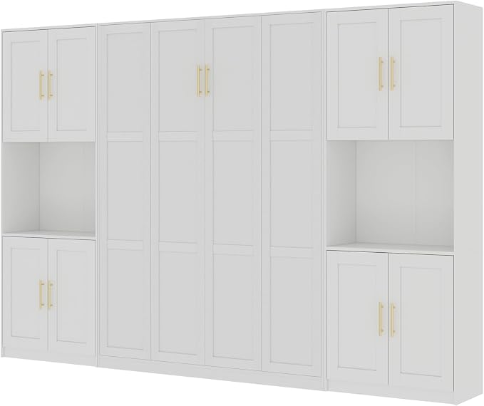 Bobve Farmhouse Murphy Bed Queen, 85" Wall Bed Folds to Save Space, Concealed Bed Frame with 2 Storage Cabinets and Wall Mounted Features for Apartment/Office/Guest Room