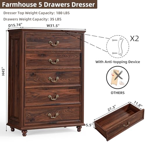Joaxswe Farmhouse 5 Drawer Dresser Set of 2 for Bedroom, 45" Tall Rustic Chests of Drawers w/ 4 Solid Wood Feet, Mid Century Vintage Wooden Closet Storage Dressers Organizer for Living Room, Brown