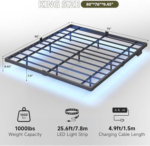 Floating Bed Frame King Size, Smart LED Lights & Charging Station, 9.45" High Clearance, Mattress Slide Stopper, Noise-Free, No Box Spring Needed, Easy Assembly