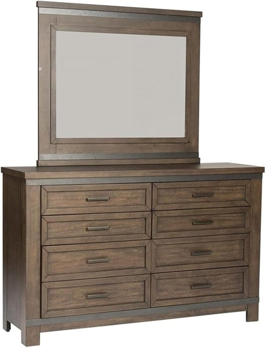 Pemberly Row 4-Piece King Bedroom Set, Rubberwood and Mango Veneers, Rock Beaten Grey Finish with Saw Cuts, Includes Panel Bed, 8-Drawer Dresser with Mirror, 2-Drawer Nightstand, Industrial Style