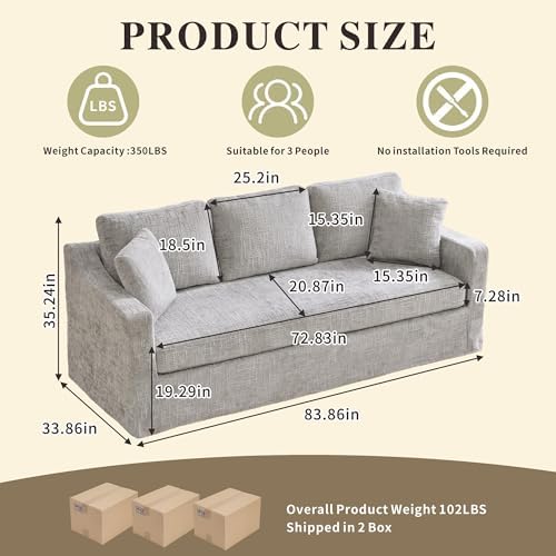 Chifee & Vingol 83" 3 Seater Sofa Couch for Living Room Deep Seat Cozy Sofas Modern Upholstered Sofa with Removable Cover,Gray