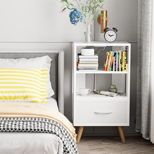 Night Stand with Charging Station, White Nightstand with Drawer, 3-Tier Wooden Bedside Table with USB Ports and Outlets, End Table for Small Space, Living Room, Bedroom