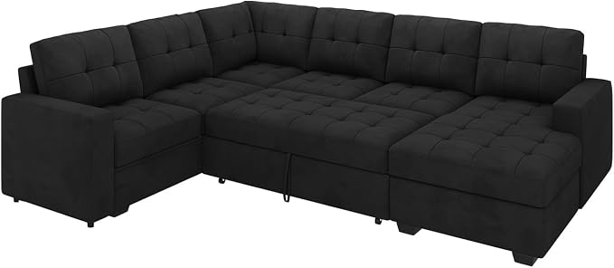 HONBAY Modular Sectional Sleeper Sofa with Pull Out Bed, U Shaped Sleeper Couches with Storage Chaise, 114'' Sleeper Sectional Sofas for Living Room, Apartment (Velvet Black)