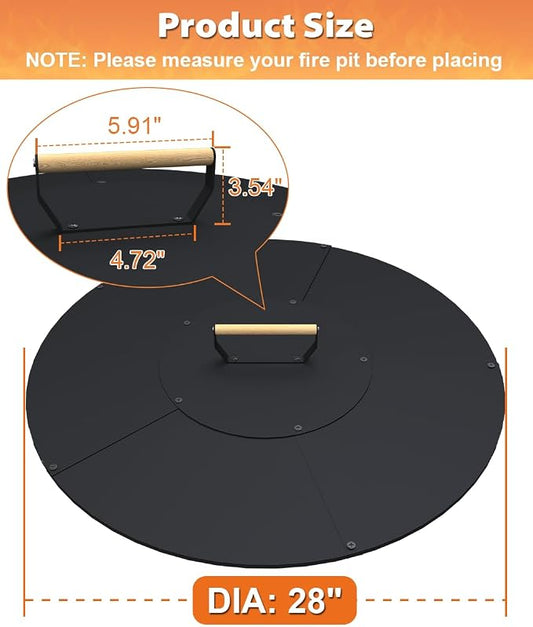 28" Wooden-Handle Fire Pit Lid for Pits up to 26", Round Metal Bonfire Pit Burner Pan Cover, Smokeless Fire Pit Cover for Fire Tables, All-Weather Resistance Outdoor Firepit Accessory