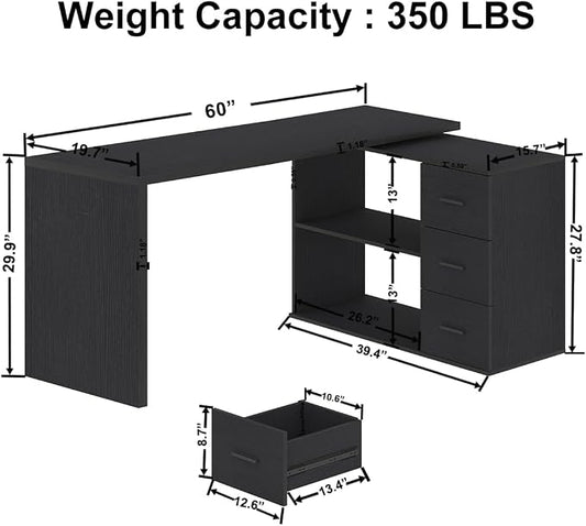 HSH Black L Desk with Drawers Shelves, Large Reversible L Shaped Desk with Storage Cabinet, Corner Home Office Computer Desk Workstation for Executive Writing Study, Bedroom Living Room Table, 60 Inch