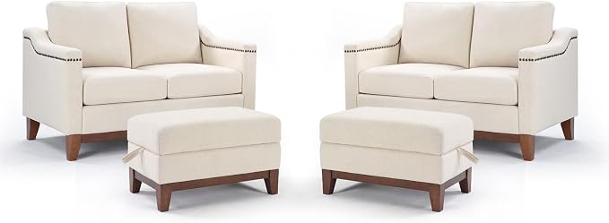HAOMARKETS 4 Piece Fabric Sofa Set with Nailhead Trim, Included 2 Loveseat 2-Seater Couches with Thicked Cushion and 2 Upholstered Storage Ottoman with Flip-Top Table for Living Room, Beige