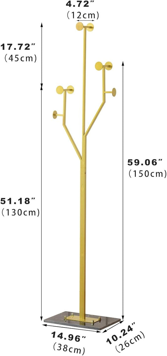 JIAYUEJU Heavy Duty Coat Rack Tree-shaped Metal Freestanding Coat Tree with Sturdy Marble Base Corner Coat Rack for Bedroom Entryway Hallway 14.96 x 10.24 x 68.9 Inches (Gold)