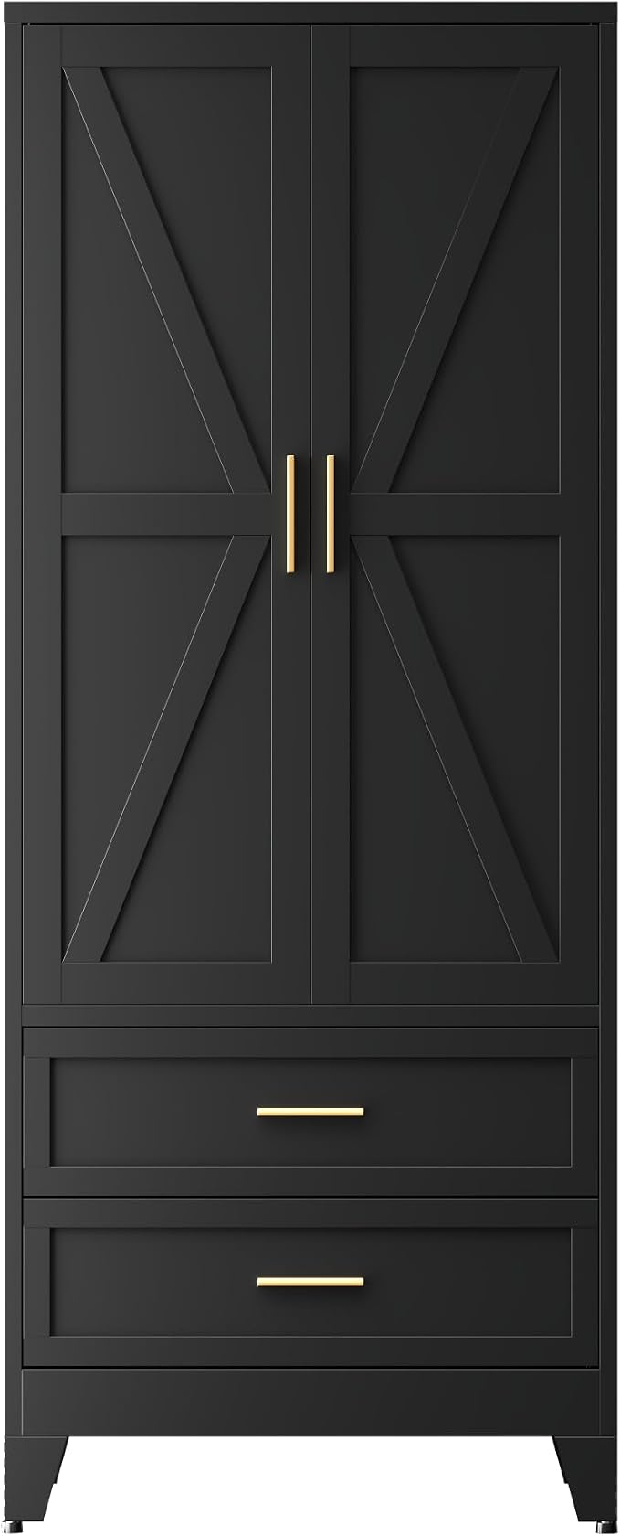 COFaR Metal Wardrobe Cabinet, 71 Farmhouse Armoire Wardrobe Closet with Rods, 2 Barn Doors, Adjustable Shelves, Steel with 2 Drawer Bedroom armoires, Black