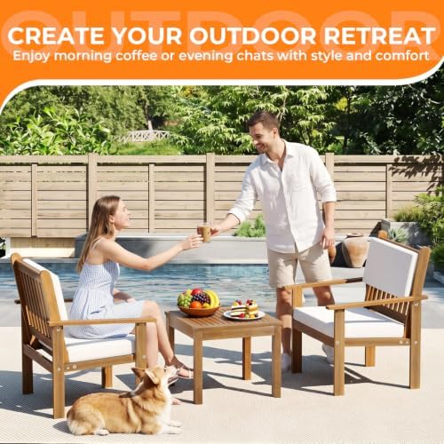 FDW 3-Piece Wood Patio Bistro Set with Water Resistant Cushions and Coffee Table for Backyard, Nature
