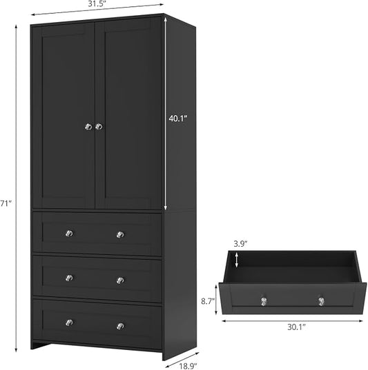 VOWNER Armoire Wardrobe Closet with Drawers and Mirror, 71" Clothing Storage Cabinet with Hanging Rod, 2 Doors Wooden Wardrobe Cabinet for Bedroom, Large Capacity Storage