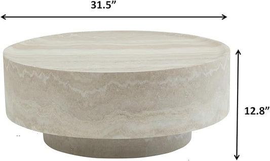 31.5" Faux Marble Round Coffee Tables, Modern Stone Coffee Tables, Fiberglass Drum Center Table, Accent Low Circle Coffee Table, Minimalist Sofa Side End Table for Living Room Apartment Office