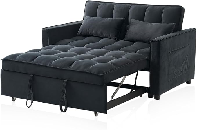 Futon Sofa Bed,Modern 3 in 1 Convertible Sleeper Sofa, Pull Out Couch Bed with Adjustable Backrest, Storage Pockets and Toss Pillows for Living Room, Bedroom (Black)