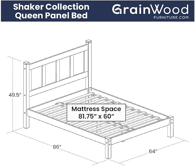 Grain Wood Furniture Shaker Solid Wood Panel Platform Bed, Queen Size, Natural