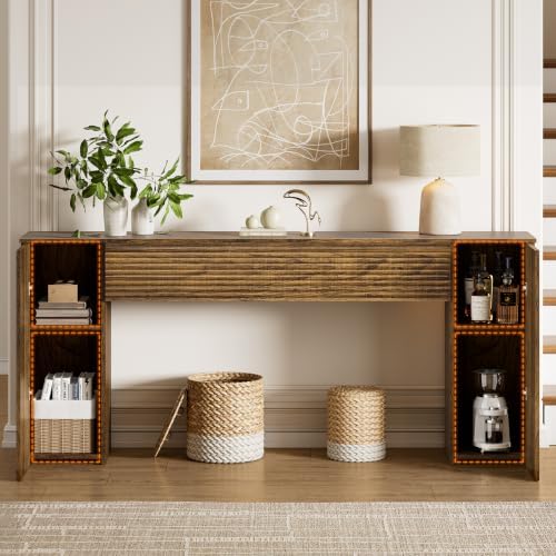 FABATO 70.8” Fluted Long Console Table with 2 Hidden Storage Cabinet, Brown