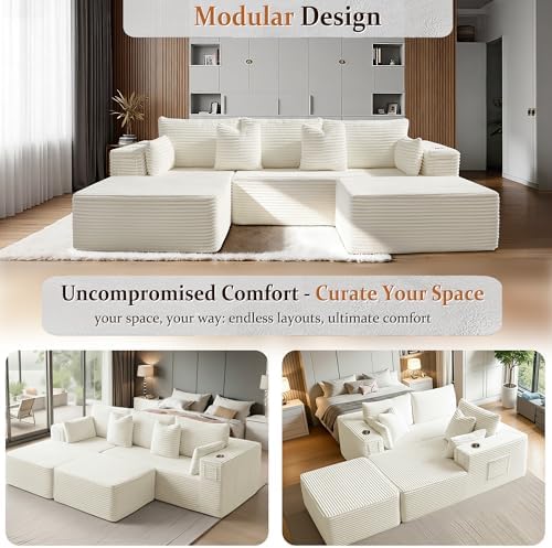 108" Cloud Sectional Couch, Comfort U Shaped Boneless Couch for Living Room, Extra Deep Seats No Assembly, Minimalist Modular Sofa, Corduroy (Cream, 2 Seater+Right Facing Chaise+Ottoman)