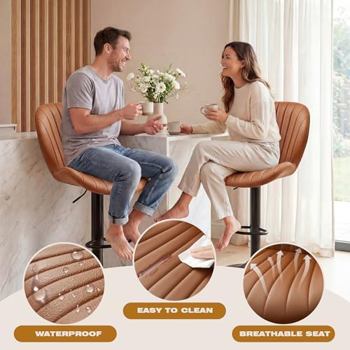 Bar Stools Set of 4, Modern Swivel Adjustable Bar Chairs, Faux Leather Upholstered Counter Height Bar Stools with Backrest, Comfort Barstools for Kitchen Island, Home Bar, Brown