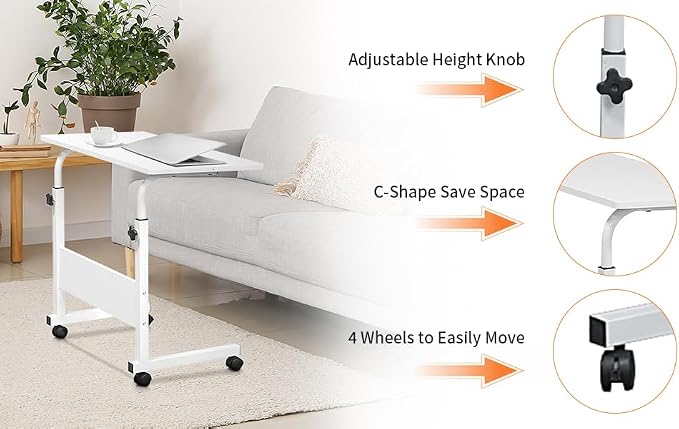 Karl home Mobile Side Table 31.5 inch Computer Desk with Wheels Height Adjustable Rolling Potable Laptop Cart, C-Shaped Bed Couch Sofa End Tables with Edge Stopper for Livingroom Bedroom, White