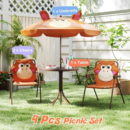 HONEY JOY Kids Picnic Table, Animal Themed Toddler Outdoor Table and Chair Set, 2 Folding Chairs & Removable Umbrella, Children Outdoor Furniture for Backyard Patio Garden (Brown Monkey)