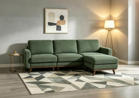 L-Shaped Sectional Sofa, 3-Seater Convertible Couch with Ottoman, FSC Certified Solid Wood Frame, Spring Cushions, Curved Armrests, Comfort Corduroy Sofa for Living Room, Apartment, Office, Green