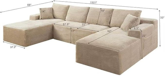 132" Oversized U-Shaped Cloud Sectional Couch Plush Corduroy Boneless Symmetrical Sofa, Front Facing Modular Compressed Boneless Sectional Sofa with Double Chaise Lounges