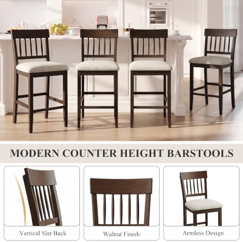 Wooden Bar Stools Set of 6, Counter Height Bar Stools, Modern Bar Stools, 25 Inch Upholstered Fabric Wood Barstools with Slat Back, Metal Footrest for Kitchen Island, Dining Room Bar