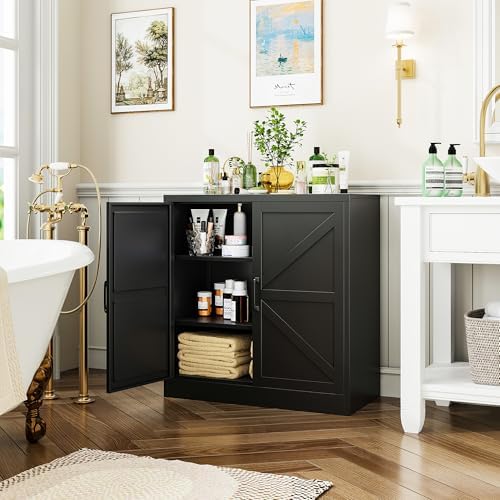 36" Metal Storage Cabinet, Farmhouse Kitchen Pantry Cabinet with Doors and Adjustable Shelves, Sideboard Buffet Cabinet,Short Storage Cabinets for Dining/Bathroom/Living/Room,Entryway, Black