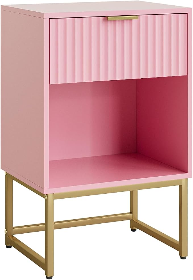 Masupu Fluted Nightstand, Modern Night Stand Wood Bedside Table with Storage Drawer Side End Table for Bedroom, Office, Pink