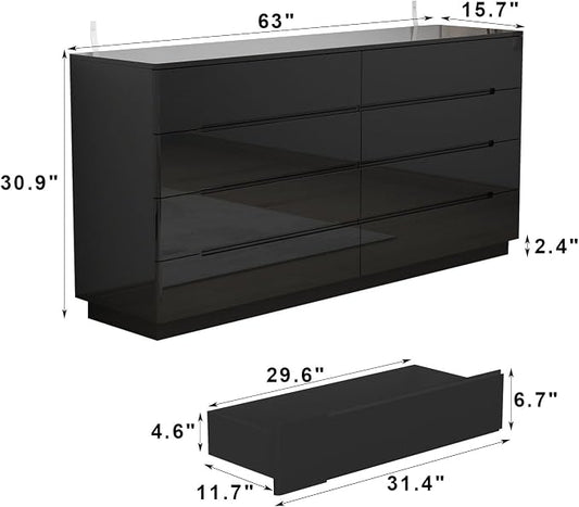 Modern High Gloss Dresser with LED Lights, 8 Drawer Dresser for Bedroom, Bottom Warm Lights, Handle-Free Design, 63" Contemporary Chest of Drawers Black 63" W x 15.7" D x 30.9" H