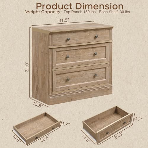 Nightstand Set 2, 31.5" Oversized Extra Large Nightstands with 3 Drawers, Wood Tall Bedside Side Table with Vintage Handles for Sofa, Farmhouse End Table for Living Room, Office, Light Oak