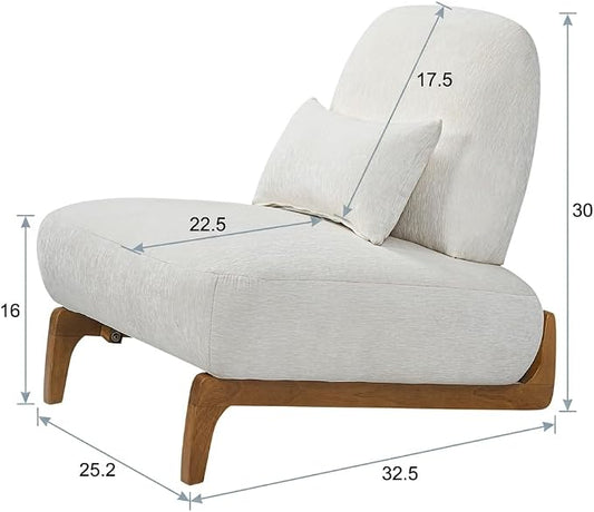 Merax Linen Accent Chair with Curved Wood Base and Lumbar Pillow, Off-White + Natural