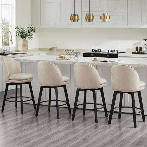 KISLOT Counter Height Barstools 26 inch Upholstered Swivel Bar Stools with Back and Wood Legs for Kitchen Island,Set of 4,Cream PU Leather-Armless