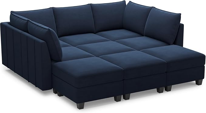 Belffin Modular Sectional Sofa Bed with Storage, 9-Seater Velvet Reversible Sleeper Couch for Living Room, Blue