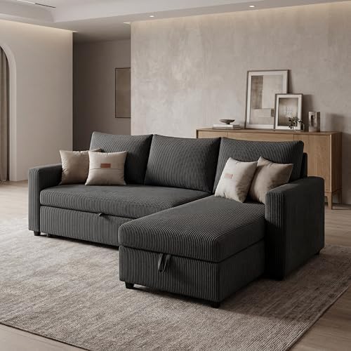 Queen Sleeper Sofa, Convertible Sofa Bed with Storage, 85 Inch Sectional Couch with Pull Out Bed, L Shaped 3 Seat Sectional Sleeper Sofa for Living Room, Apartment, Black