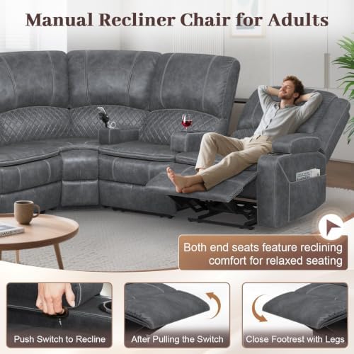 Upgraded 5 Seater Reclining Sofa Set, Living Room Couch (Velvet,Grey)